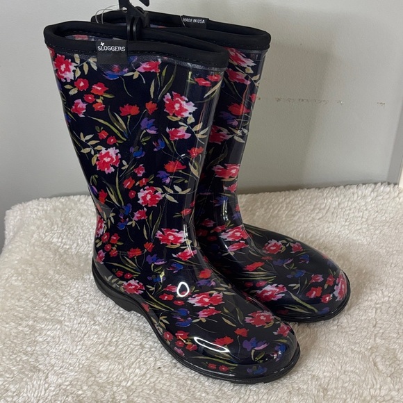 Sloggers Women's Black and Red Floral Rain Boots - Picture 1 of 5